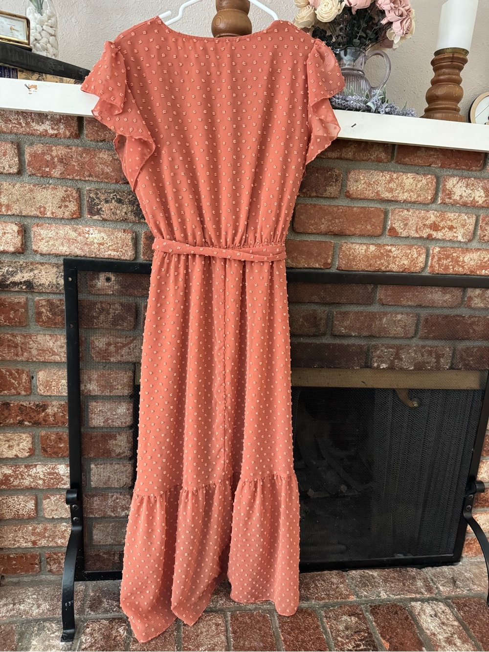 Chunky Swiss Dot Rust Maxi Wrap Dress with Tie Waist - Picture 2 of 5